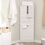 Awesome-Cupboard-at-Modern-Bathroom-Decorated-with-Modern-Corner-Linen-Cabinet-Placed-at-Corner-Side