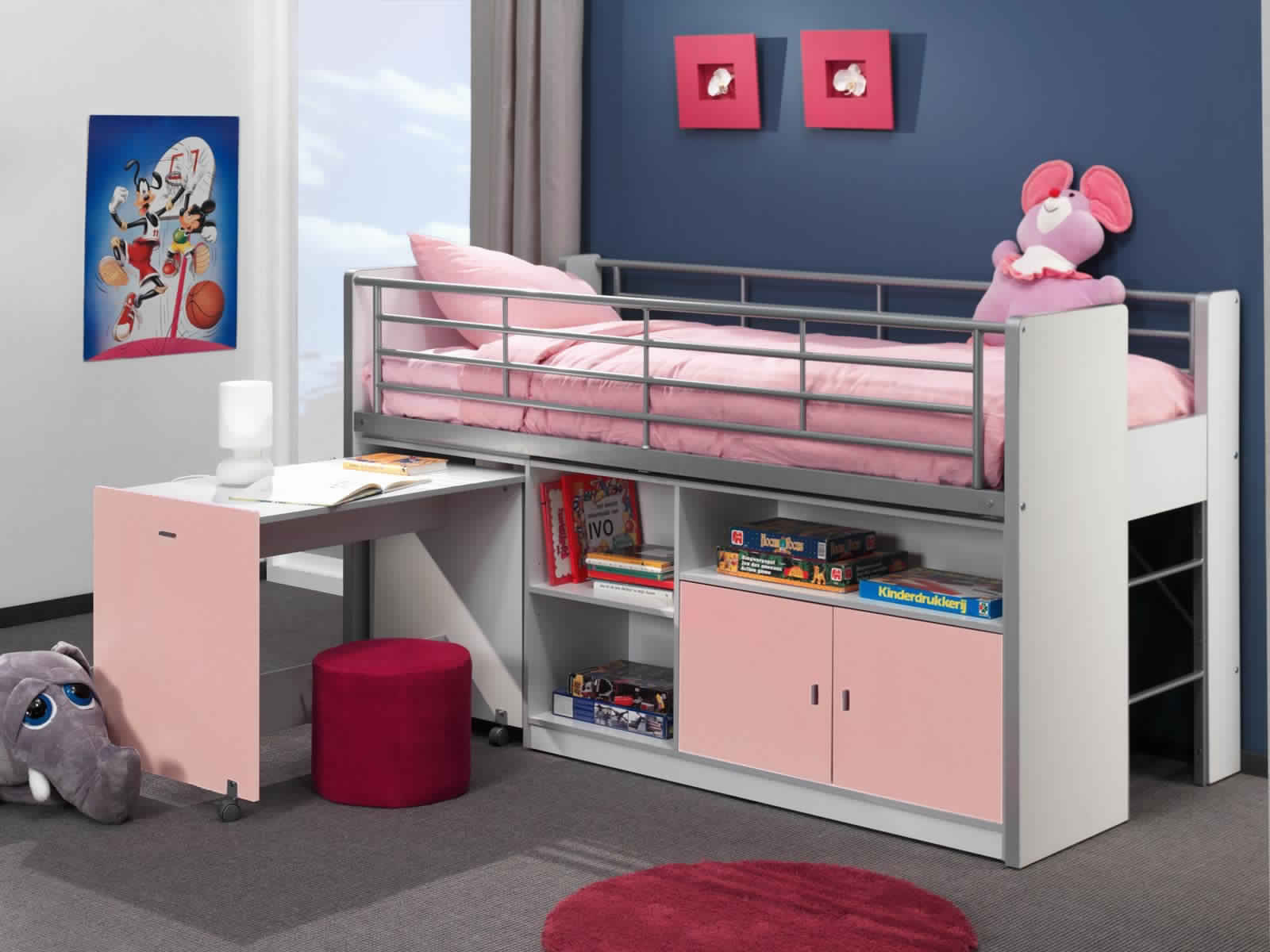 Bunk Bed with Desk in soft white and pink colors for teenagers